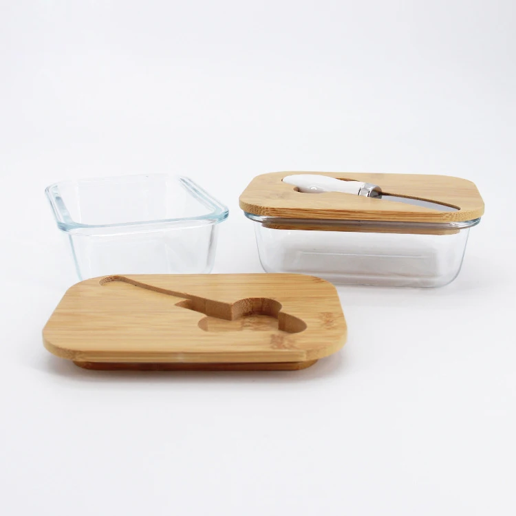 

Mikenda Eco friendly 1000ml Lunch Box Salad Tray Dishes with Glasses material Feature with bamboo lid&spoon, Customized color