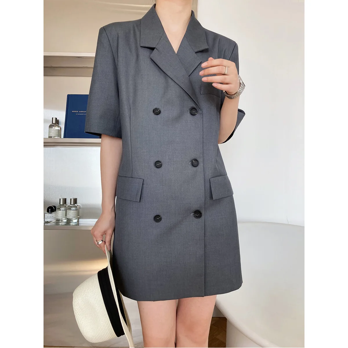 

High Quality autumn office wear design solid Double breasted suit dress short sleeve suits skirt