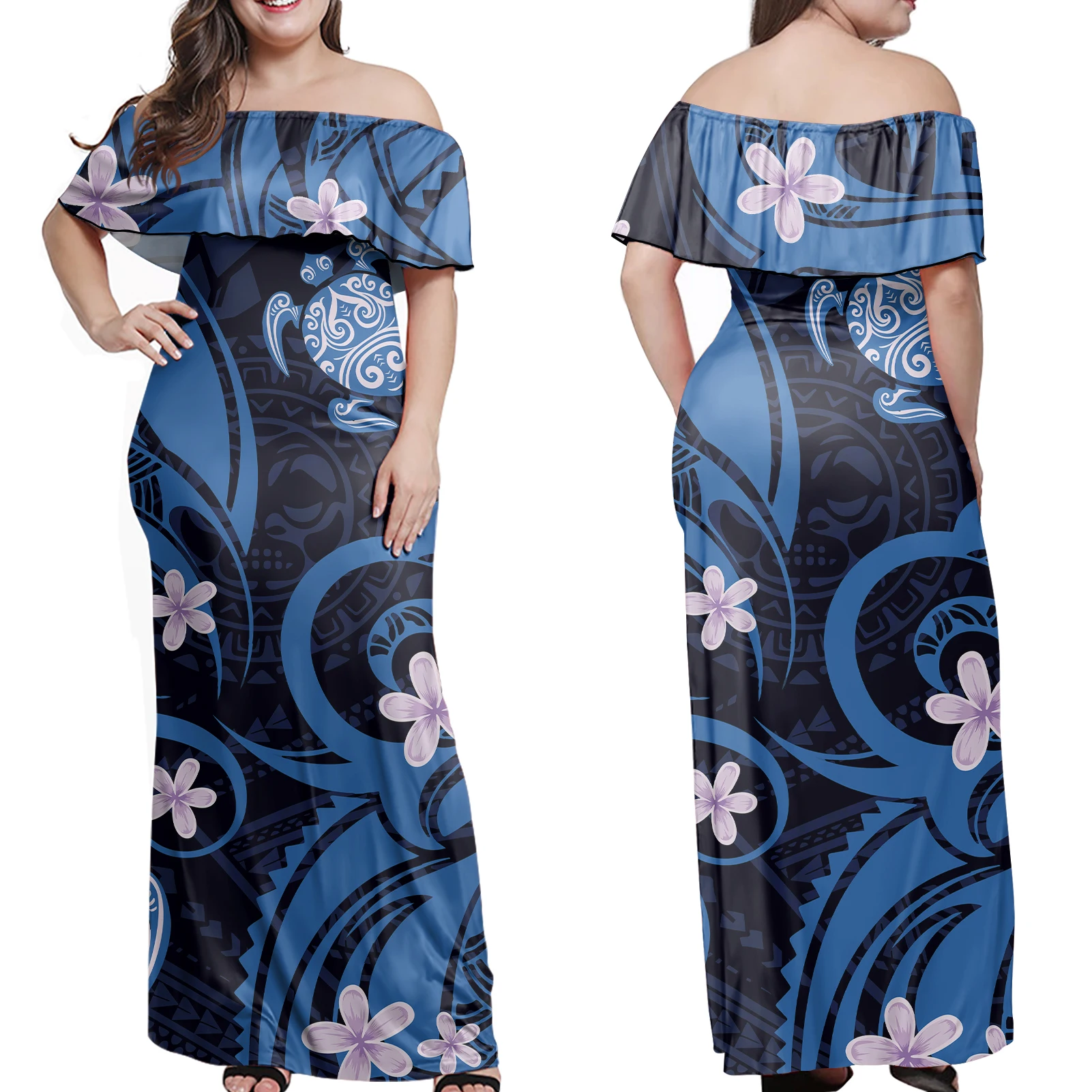 

Customize samoan tribal plus size womens clothing elegant casual Long wedding maxi dresses ladies sexy off shoulder ruffle Dress