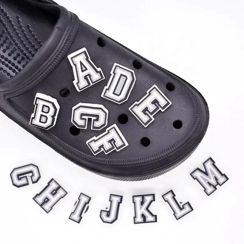

1000pcs wholesale Cheap custom LOGO soft PVC black and white letters number clog charms for croc shoe decoration, As picture