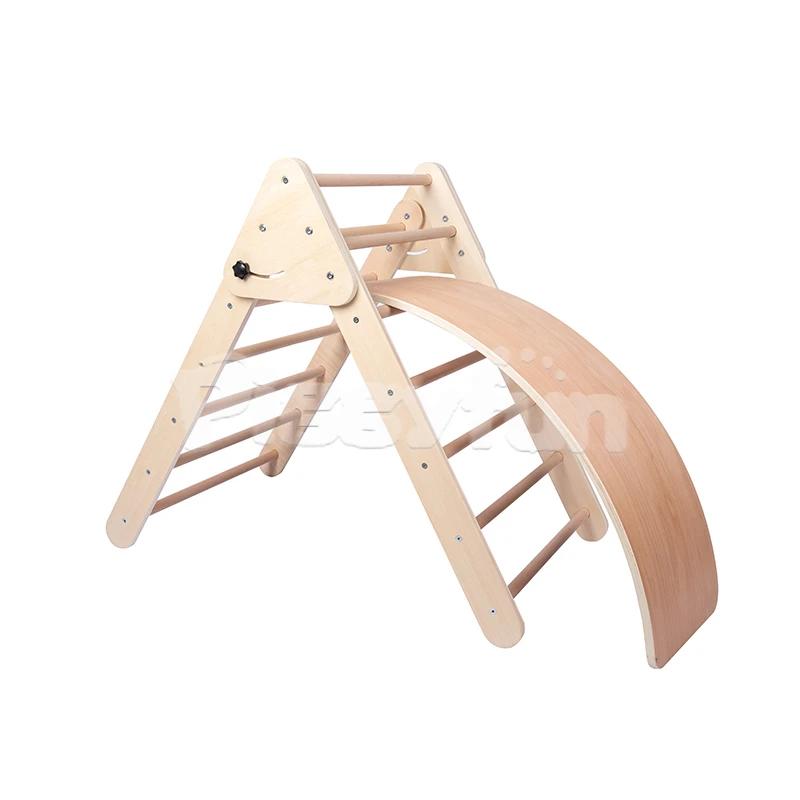 

Kids climbing equipment wooden foldable triangle arch climbing frame with balance board