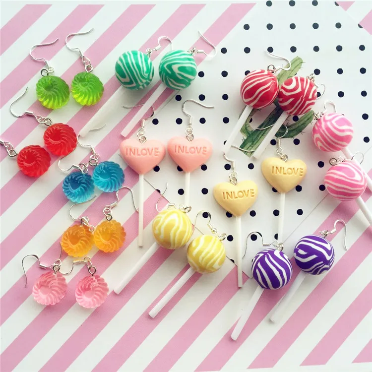 

Kawaii Simulation 3D Lollipop Dangle Earrings Candy Polymer Clay Cabochons Flatback Earring For Women Cute Birthday Gift, Same with photos