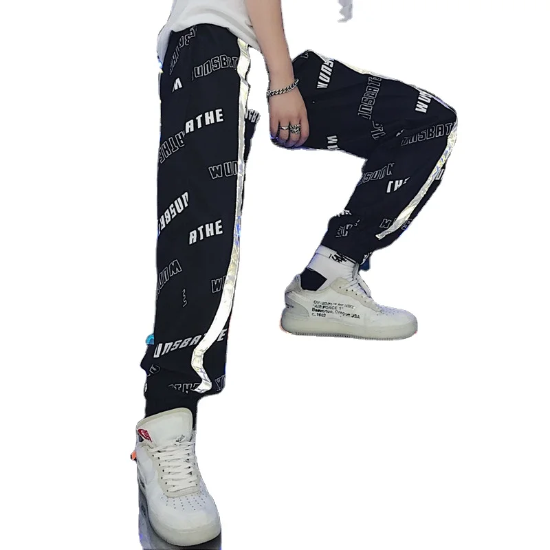 

Autumn men retro street trousers hip hop reflective track pants side pockets full print pants, White and black