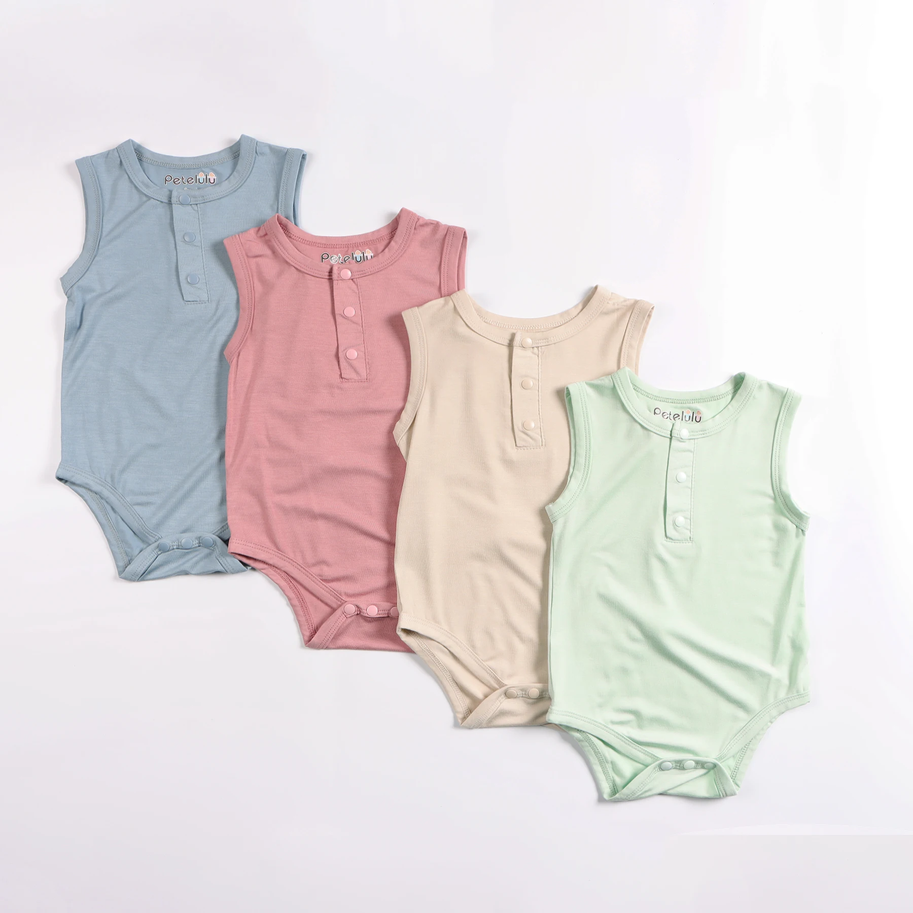

Wholesale Summer bamboo Newborn Baby Summer Sleeveless Solid Rompers collar With Buttons