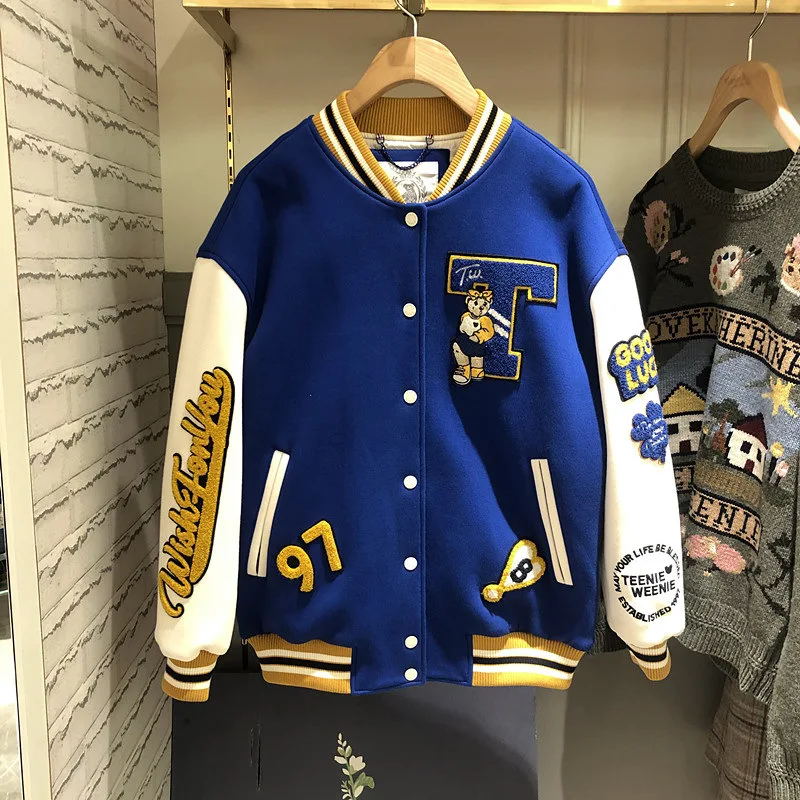 

2022 Sweater Plush Thickened Letterman Jacket New Korean Fashionable Bear Loose Bf Versatile Baseball Jacket, Blue