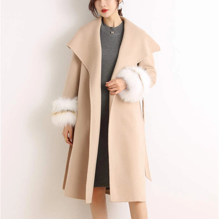 

2020 Winter Plain Dyed Double Breasted Faced Woolen Coat Fur Removed Ladies Fashion Wool Coat Women, Camel