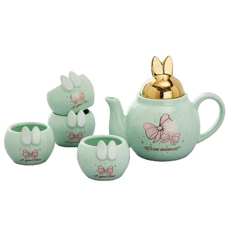 

Modern Macaroon Bunny Rabbit Tea Pot And 4 Cups Tea Set Gift Set Ceramic Cute Tea Set In Box