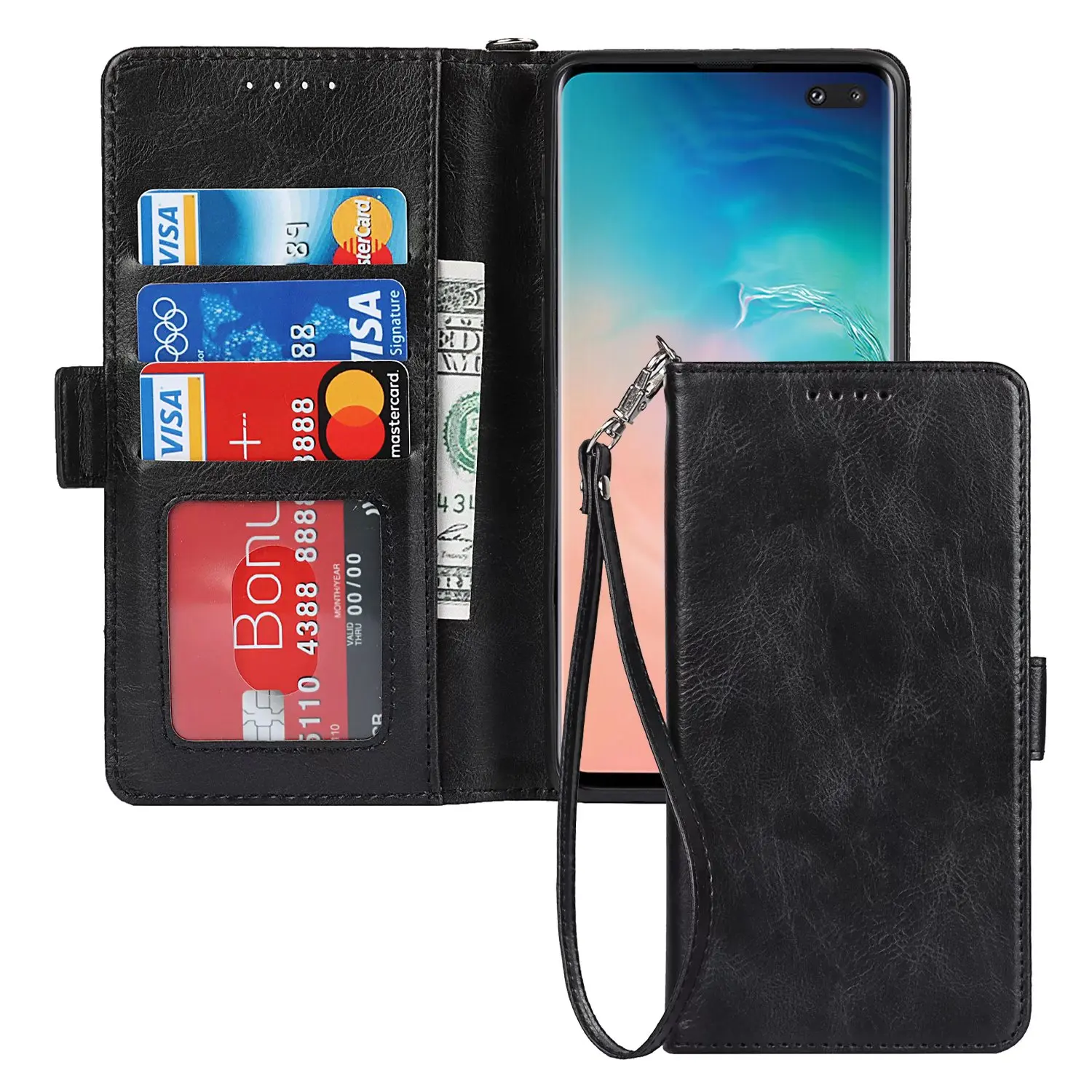 

Middle button vintage double fold flap PU Wallet Leather Case For Samsung Galaxy S10 Plus, As pictures