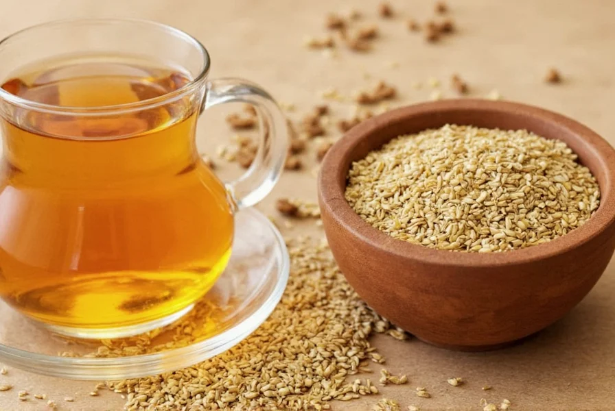 Close-up of fenugreek seeds and prepared fenugreek tea in a ceramic cup