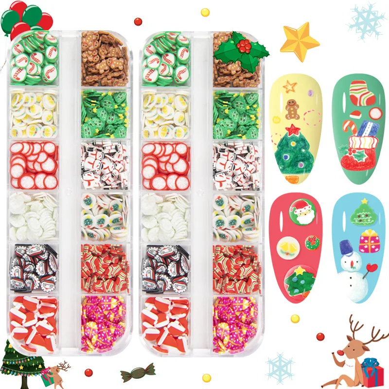 

Christmas Nail Art Decoration 3D Snowman Santa Gifts Slices Polymer Clay Decal Acrylic Nail Tips Sequins Fake Nails Accessories
