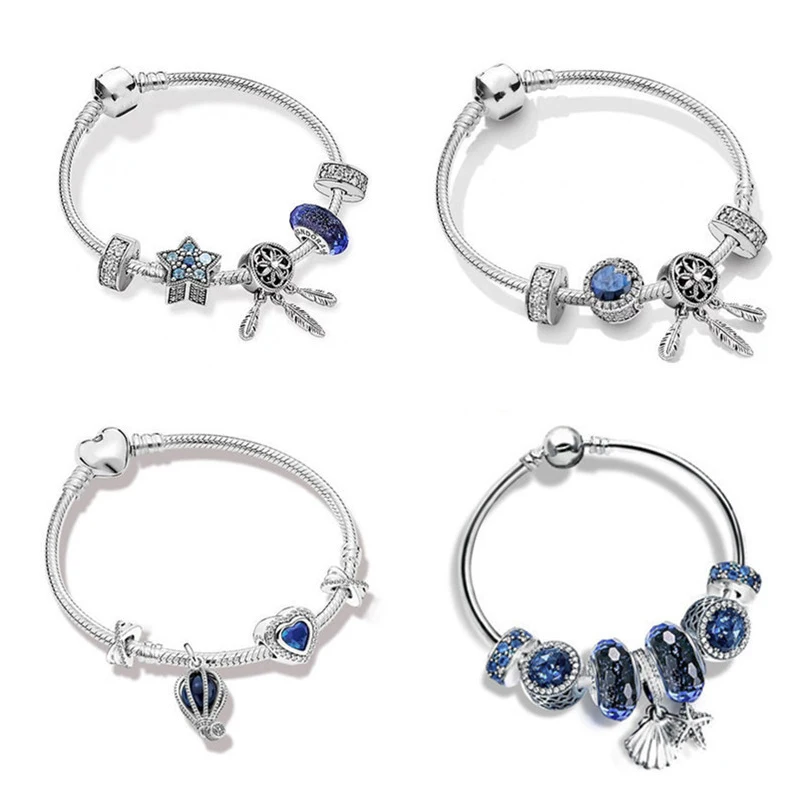 

925 Sterling Silver Bracelets Wholesal Charm For Pandora Opal Fashion Bow Lucky Bracelet Love Heart Bracelets Set, Silver color