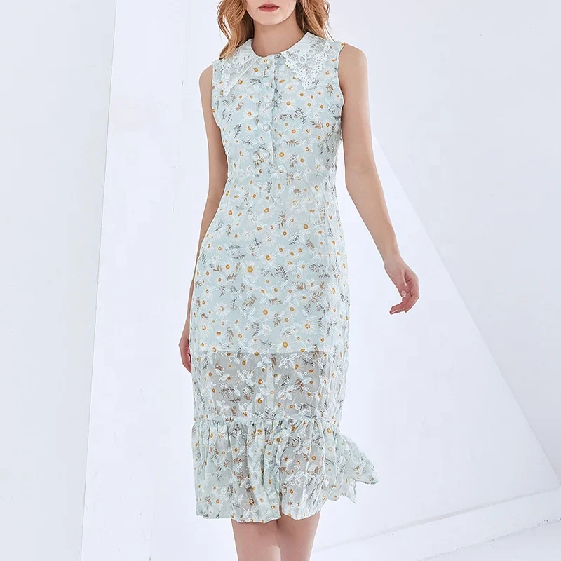 

2021 summer new floral hollow round neck exposed buttocks show thin temperament casual dress