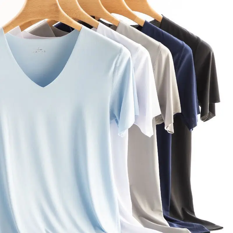 

2021 summer men's t-shirt V-neck high elastic ice silk solid color large size short-sleeved men's clothing