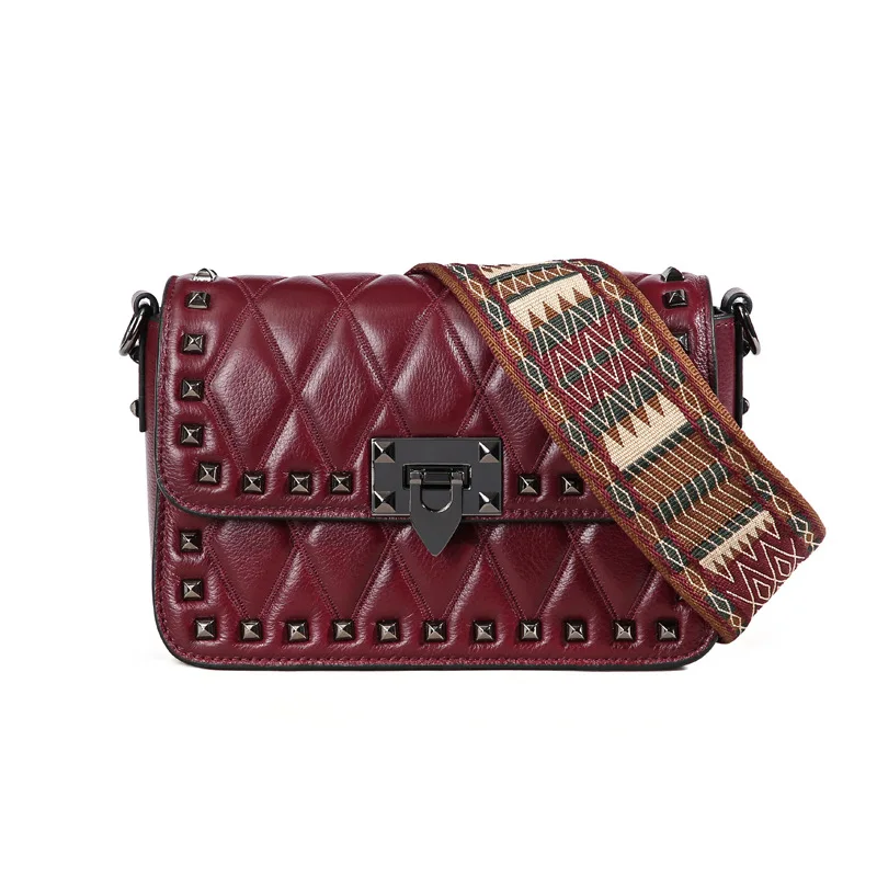 

2020 new design rivet genuine leather wide strap ladies shoulder bags handbags for women famous brand