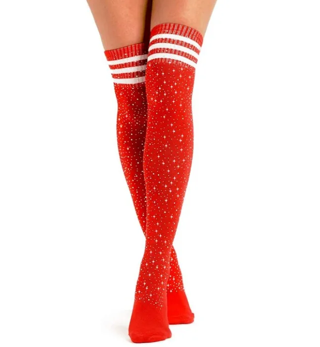 

Christmas Valentine's Day Red Stripes Sparkle Rhinestone Long Cotton Stockings Bling Over The Knee Thigh High Socks For Women, White, black, red, yellow, blue rainbow stripe