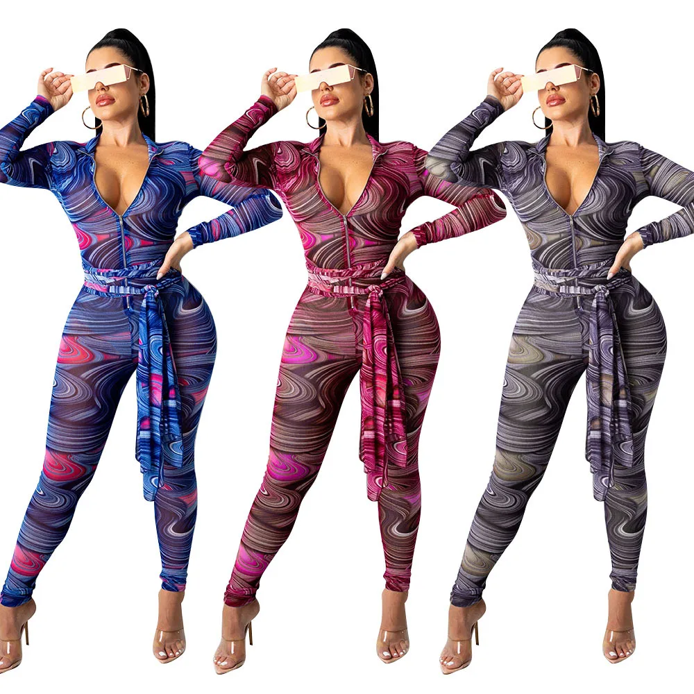 

Fall 2021 womens jumpsuit and rompers sexy printed sheer bodysuit zipper v -neck vest women one piece jumpsuits, Picture color
