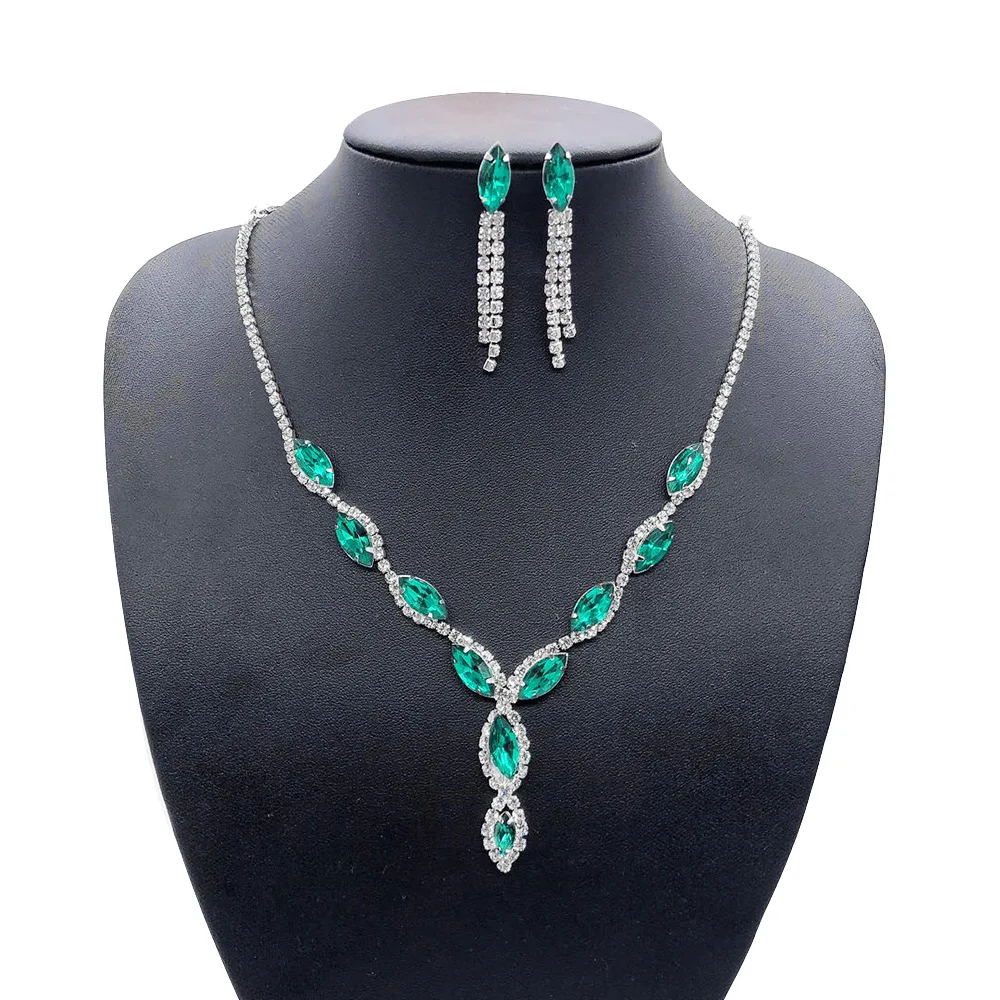 

Hot Sale Alloy and Emerald And Multicolored Rhinestone Wedding Earring and Necklace for Bride Wedding Decoration, Multiple