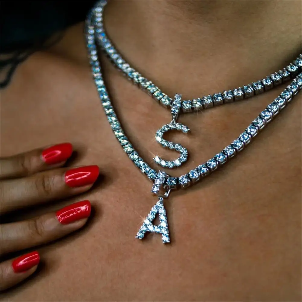 

Pendant 26 Alphabet Necklace CZ Iced Out Crystal Diamond Letter Pendant Necklace for Women Tennis Chain