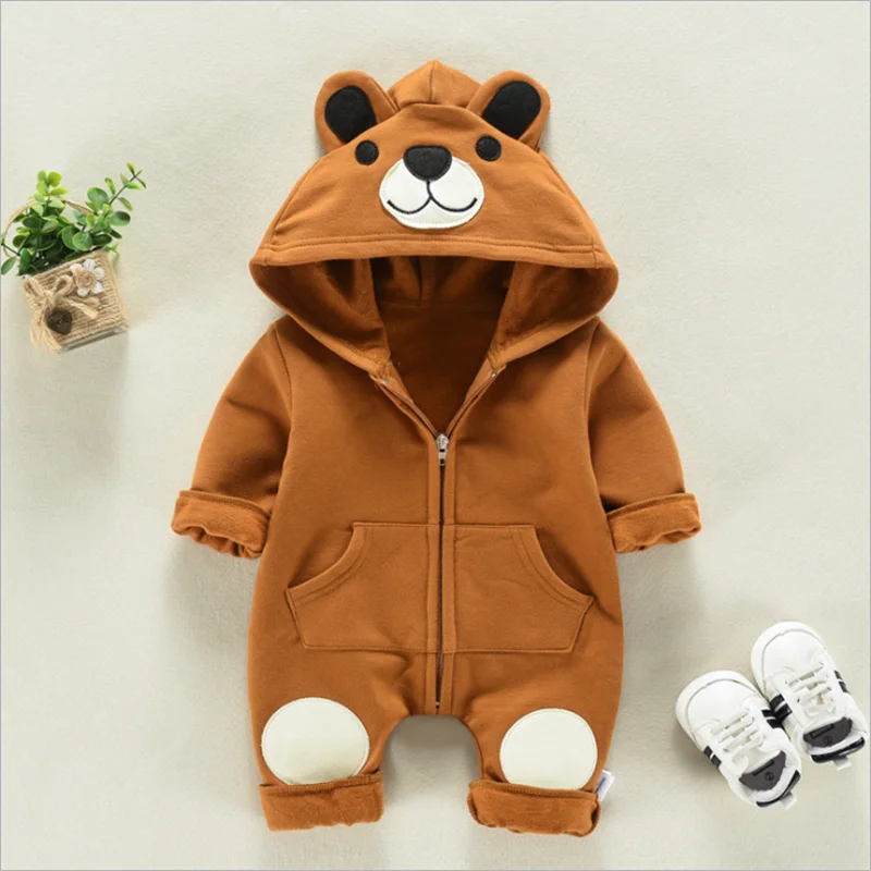 

brown unisex toddler jumpsuit boutique baby zipper romper with hood