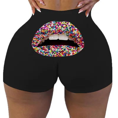 

F40693A European and American summer hot sell sexy fashion bodycon print mouth hot short shorts for women, As picture
