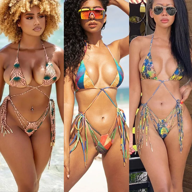 

New Women 2 Pcs mini micro Bikini Set double sided Swimsuit Lace Up Beachwear push up Swimwear Bathingsuit, Multicolor