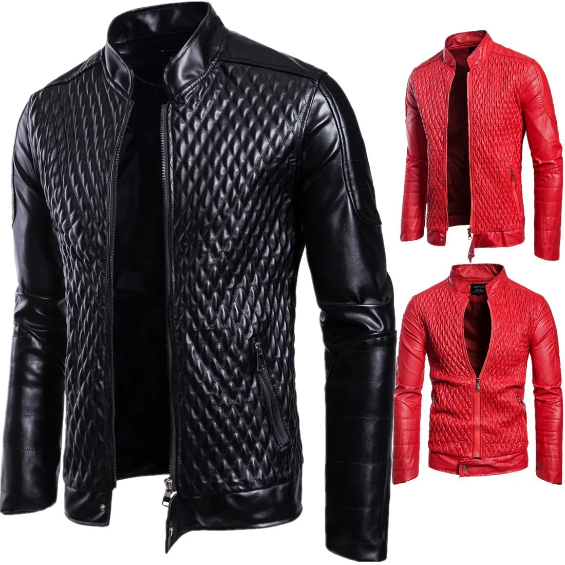 

plain color blazer with a stand-up zip-up cardigan New autumn/winter fur coats Men's PU jackets, Black/red