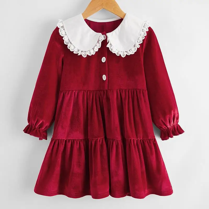 

063 Autumn winter long sleeve velvet red white patchwork lace collar skirt girls birthday party Lolita dress