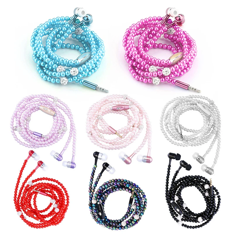 

Fashion 3.5MM Subwoofer Audio Headset Earbud In Ear Wired Earphone Headphone With Mic Pearl Choker Necklace Best Birthday Gifts, Multi