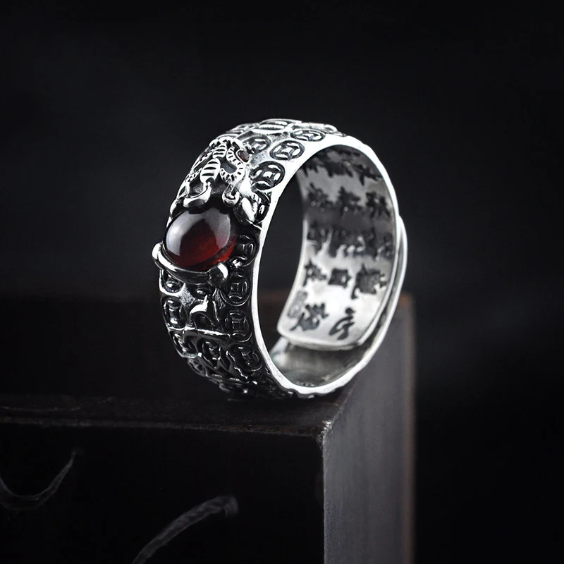 

Guaranteed 925 Sterling Silver Mantra Rings Vintage Coins Engraved With Pixiu Natural Red Garnet Stone Resizable