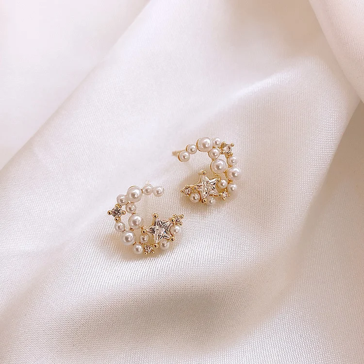 

Korean S925 Silver Needle Earrings Pearl Rhinestone Star Moon Stud Earrings