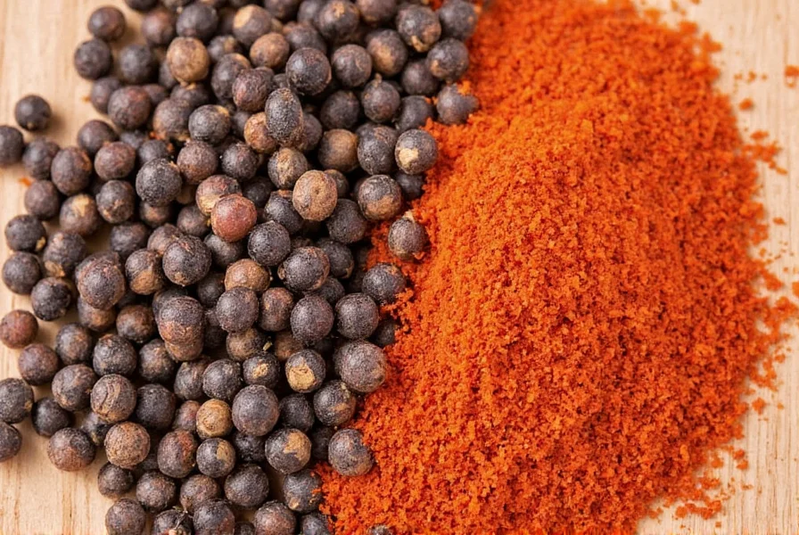 Black peppercorns next to various chili peppers showing visual comparison of different spicy ingredients