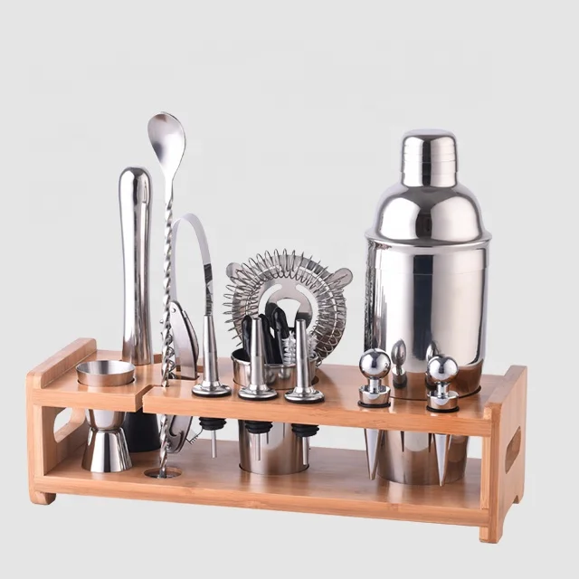 
Factory Direct 700ml bamboo wood holder stainless steel cocktail shaker bar tool barware set color gift box  (62067461204)