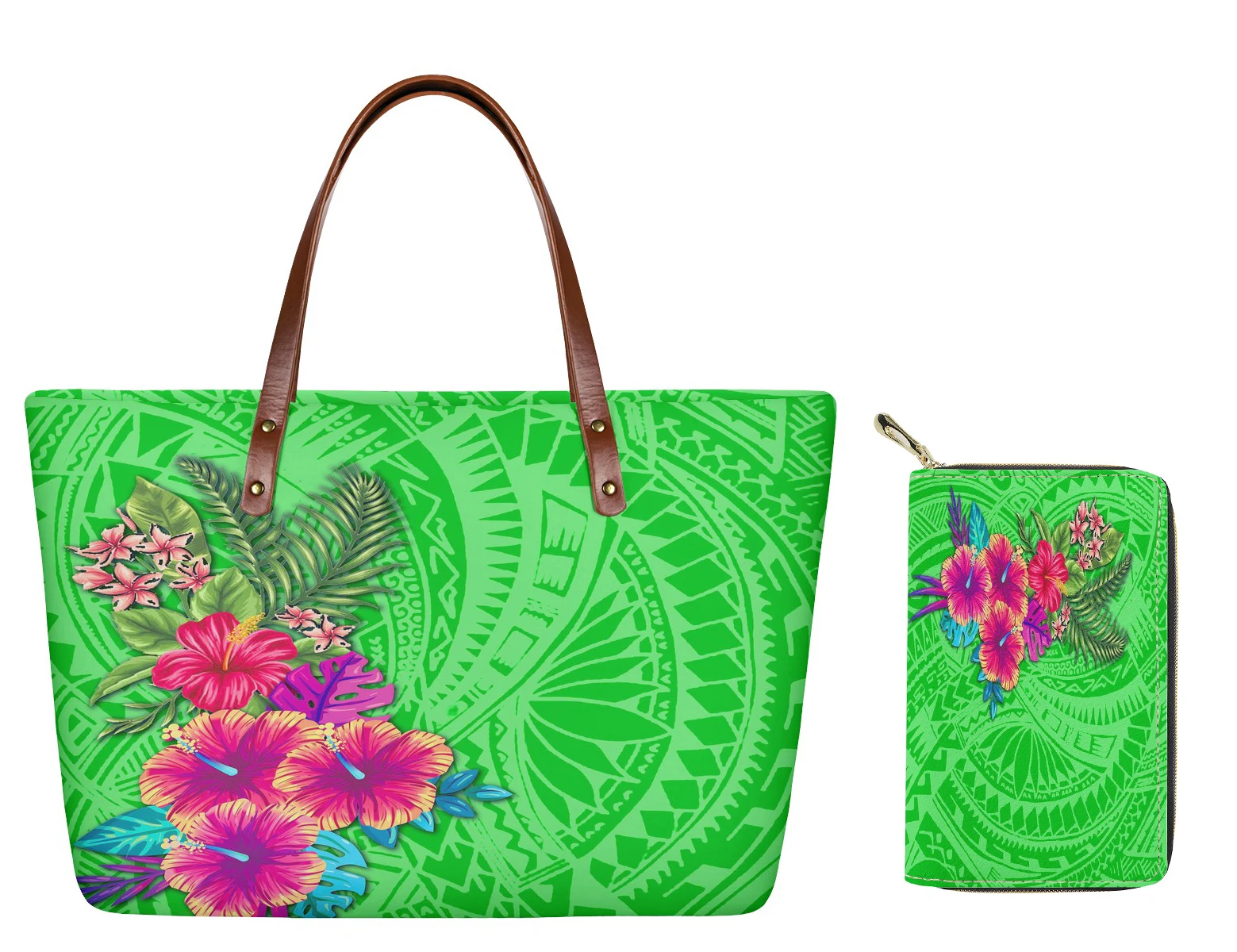 

2021New Style Custom Designer Green Handbags and wallet 2pc set women Polynesian Tribal Print Hibiscus Handbags Ladies Purse, Customizable