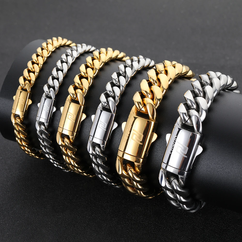 

Nuoya Custom Hip Hop Silver Chain Jewelry Stainless Steel Gold Plated Men Cuban Link Bracelet, Gold color/silver color