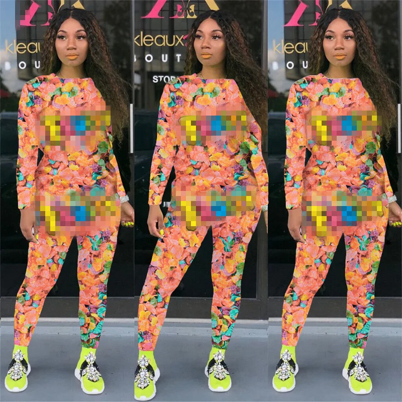 

sweat suits 2021 fall Fashion 2 piece print sport Long Sleeve and yoga Pants Two Piece Set Women Clothing
