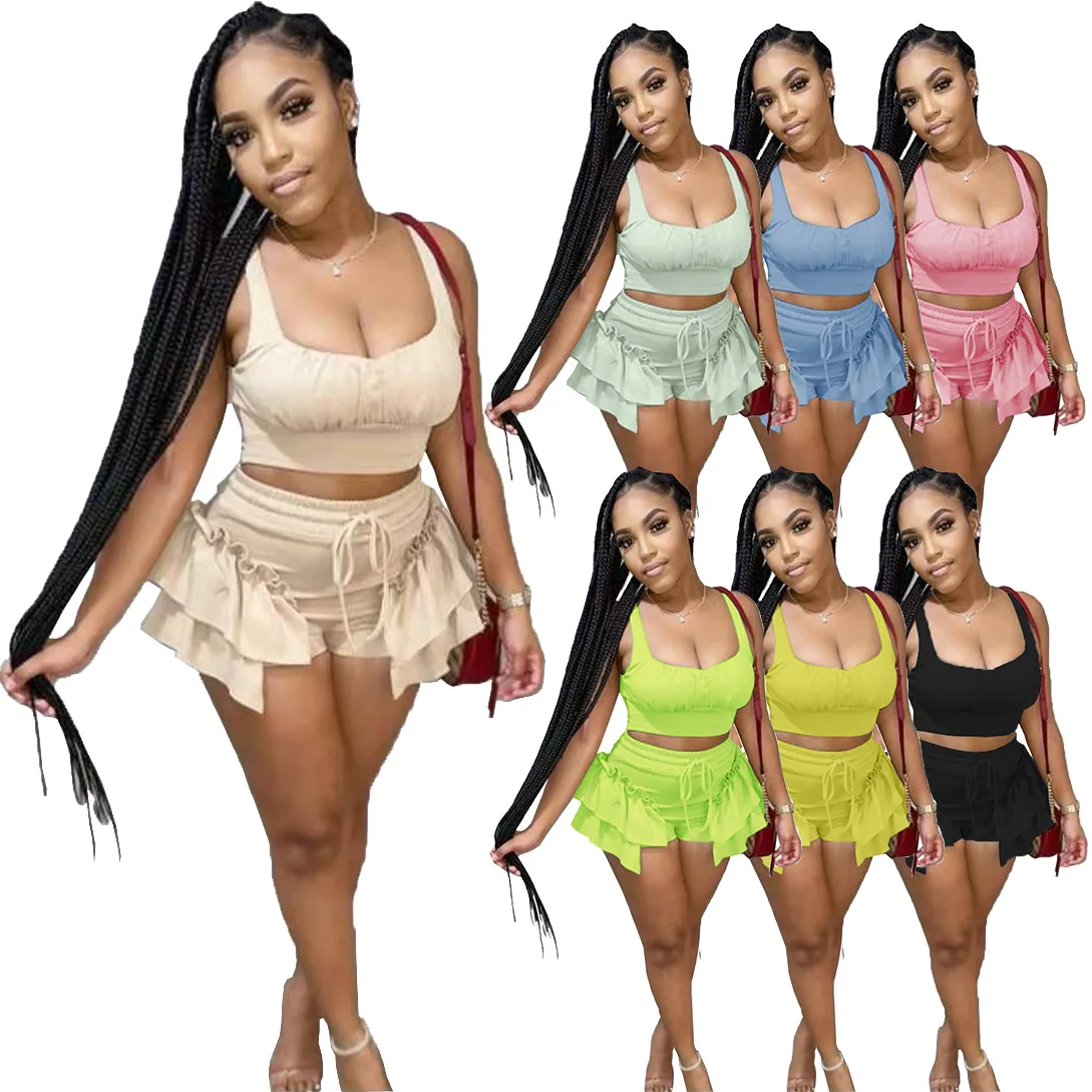 

Barlaycs Fashion 2021 Summer Casual 7 Color Women Sexy Cropped Drawstring Ruffles Summer 2 Piece Shorts Set