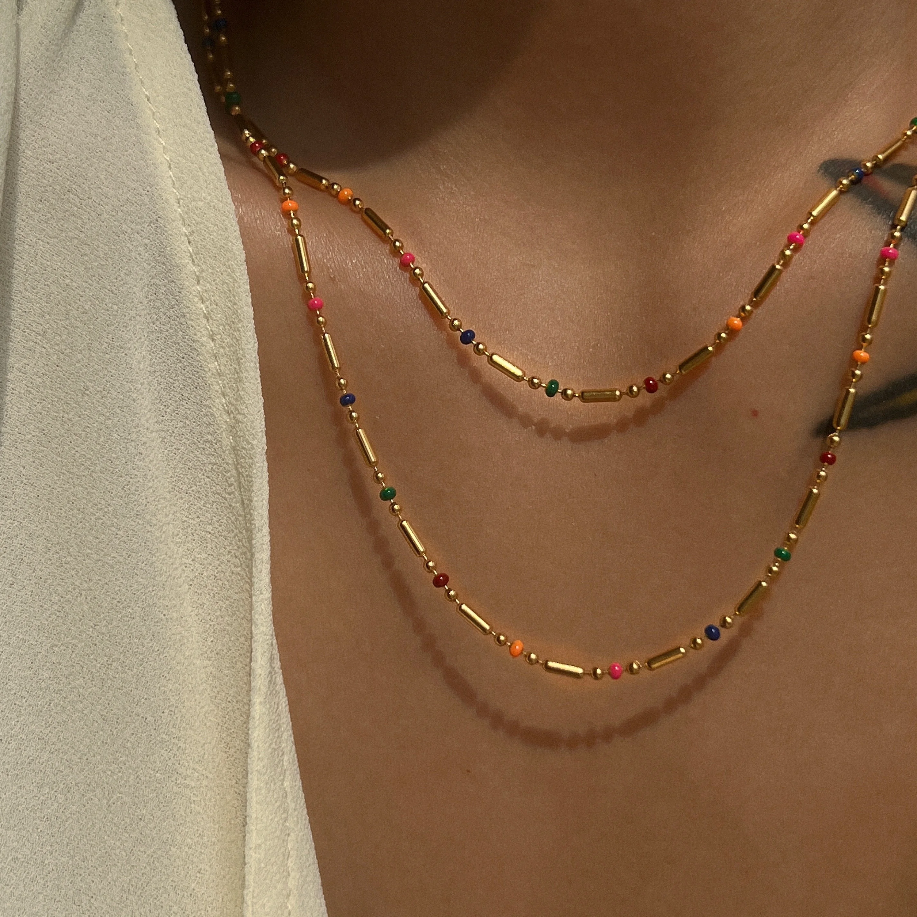 

2022 Dazan New Ins 18k Gold Plated Tarnish Free Stainless Steel Boho Colorful Bead Chain Waterproof Jewelry Necklace For Women