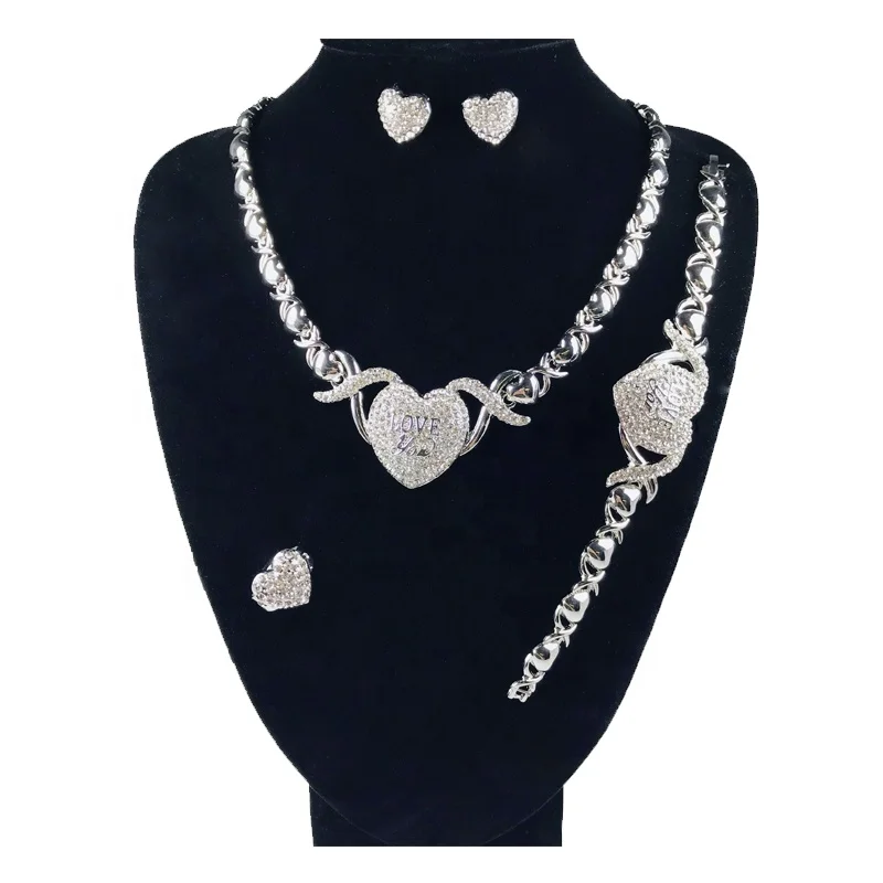 

Silver Big Heart Shaped Jewelry Sets For Women Copper Alloy With Rhinestone Wedding Jewellery Sets XOXO Jewelry