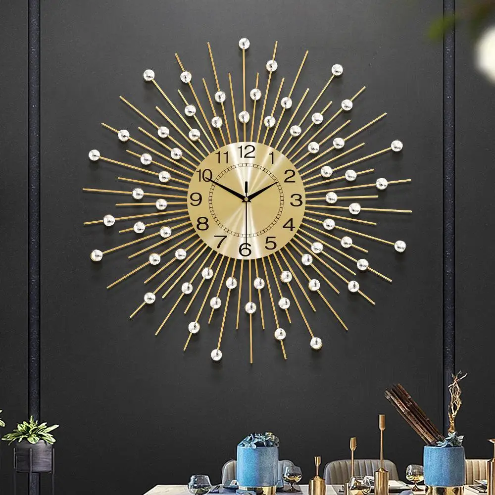 

Hot Sale Oversized Wall Clock Sun Shape Gold Metal Office Decoration Wall Clocks Silent