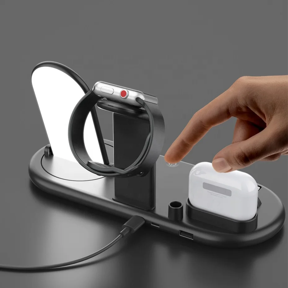 

2020 Nuevo 10W for iPhone Airpods Qi Estacion de carga para telefono movil Soporte de muelle Cargador inalambrico 3 en 4 en 1 c, Black, white