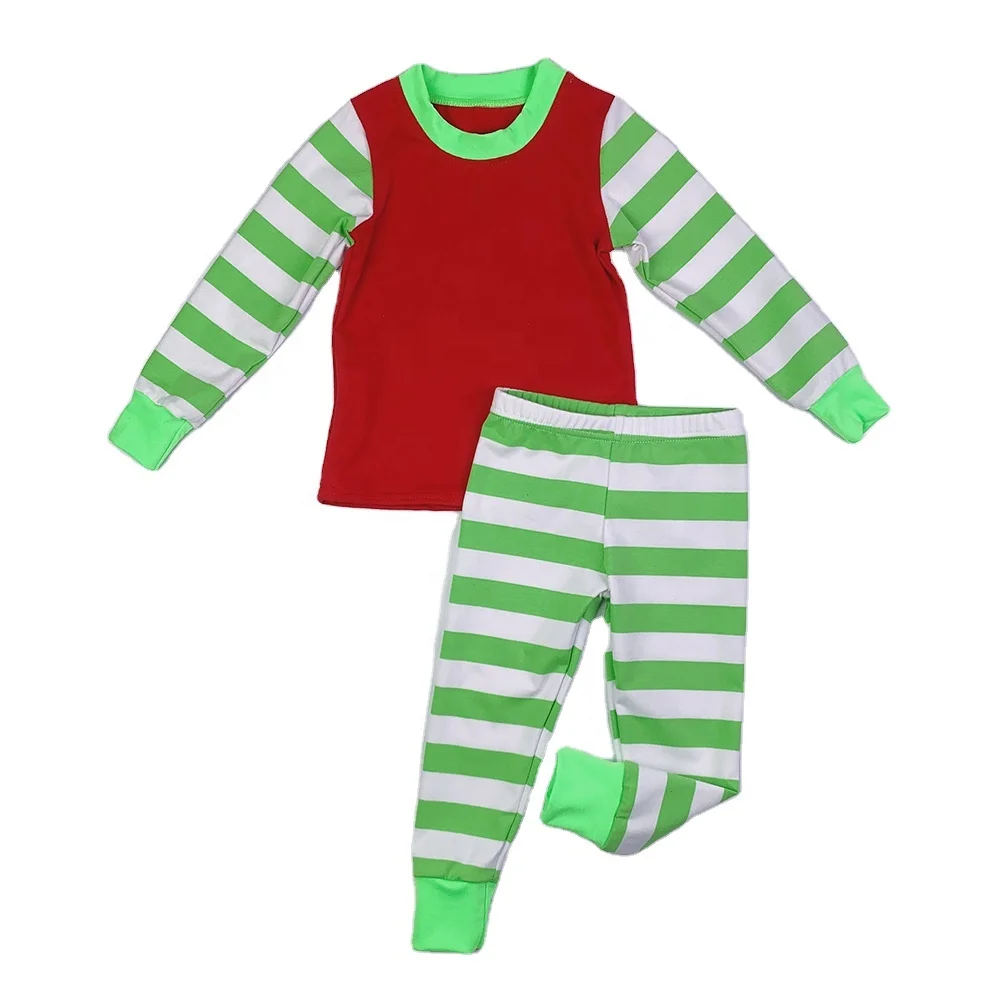 

OEM Customized Children Night Wear Boutique Girl's Long Sleeves Clothing Sets Wholesale Kids Green Stripe Pajamas Suits