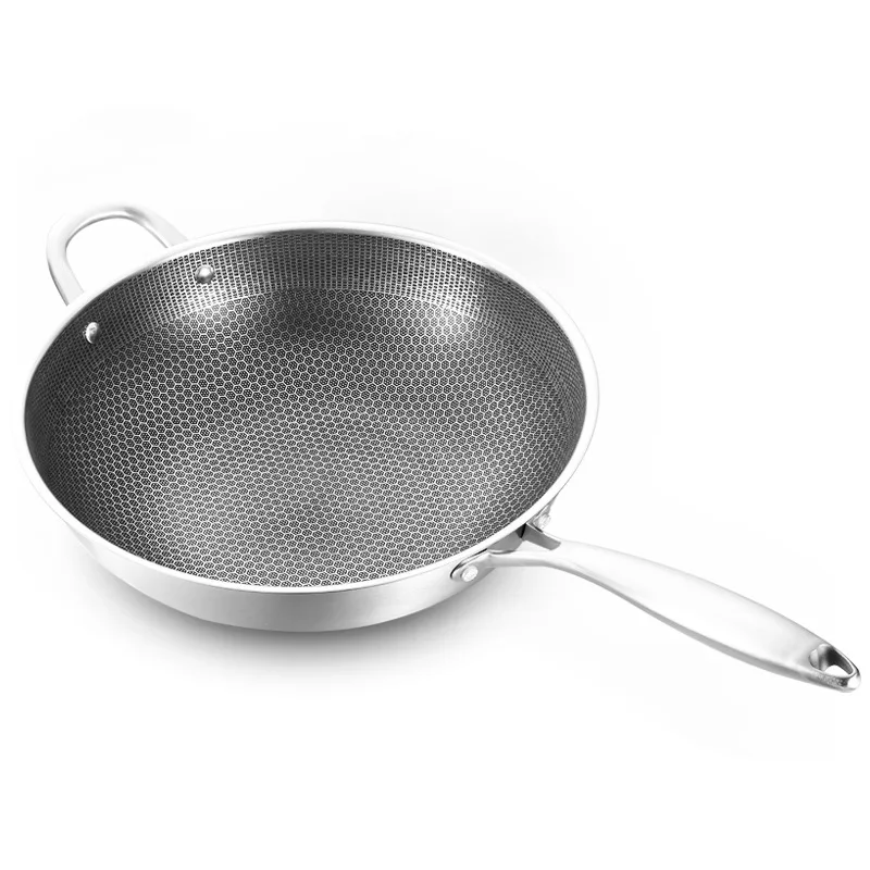 

Full screen honeycomb suspension stainless steel wok Non-stick three-layer steel uncoated wok