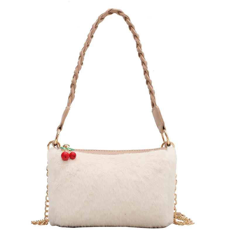 

2021 New Fashion Women Handbag Winter Solid Color Fur Bag Golden Chain Sling Underarm Bag