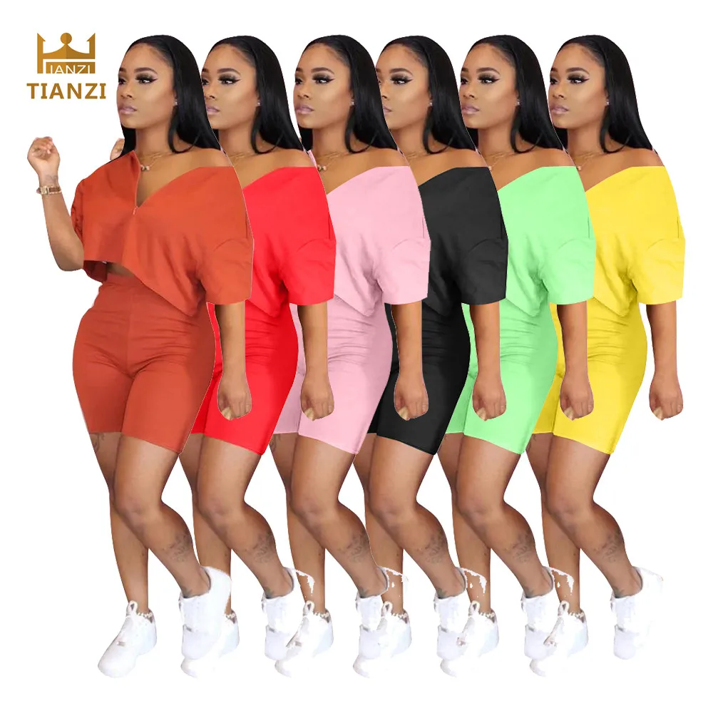 

Q7217 - casual shorts and short sleeve t shirt two piece set women clothing