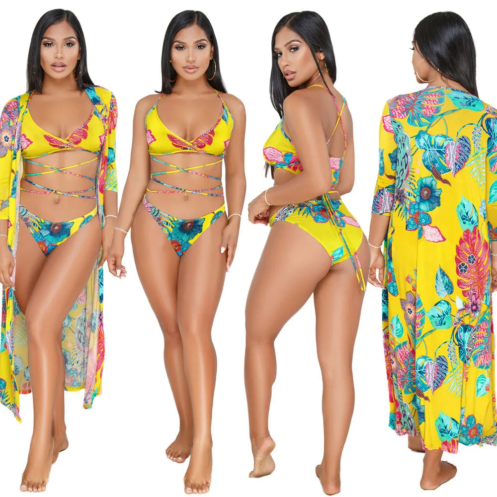 

20406-MX82 European style print swimwear 3 piece sets girls bikini 2020