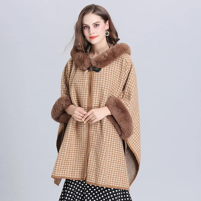 

Autumn/Winter faux fox fur collar plus size knitted houndstooth coat Poncho for women