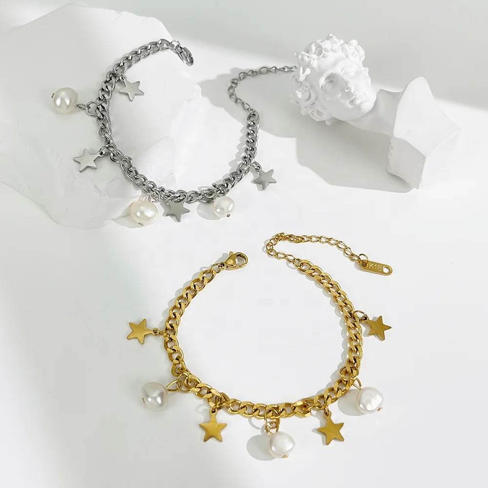 

B0082 manufactural women gold plated stainless steel bracelet sweet star pearl charm cuban chain bracelets jewelry gift, Gold/silver