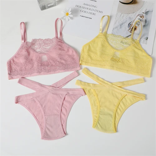 

FINETOO 2021 Women Sexy Lace Mature Bra Panties Sets Teenager Bra Brief Set Push Up Underwear Bra Pink Panty Sets For Woman