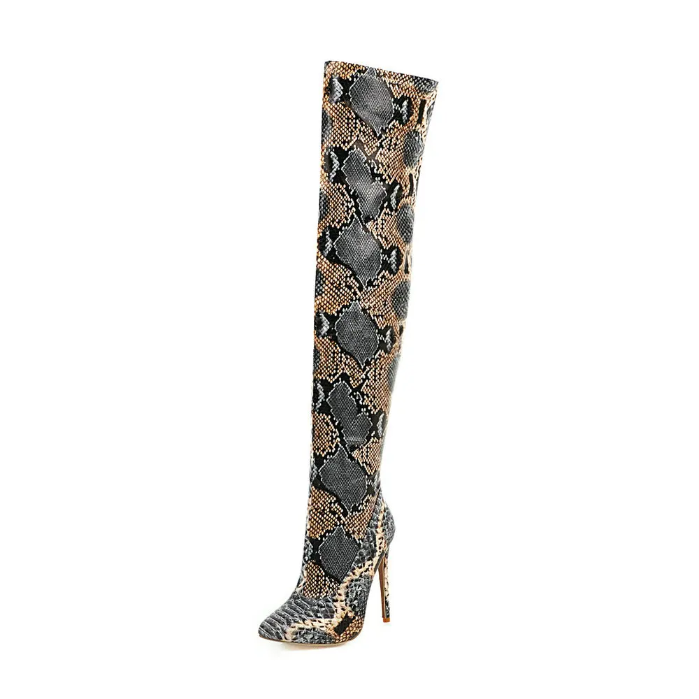 

Sexy Fashion Women Over The Knee Boots Pointed Toe Snake Print Thigh High Boots Stiletto High Heel Full Zip Winter Boots, Yellow, white, brown