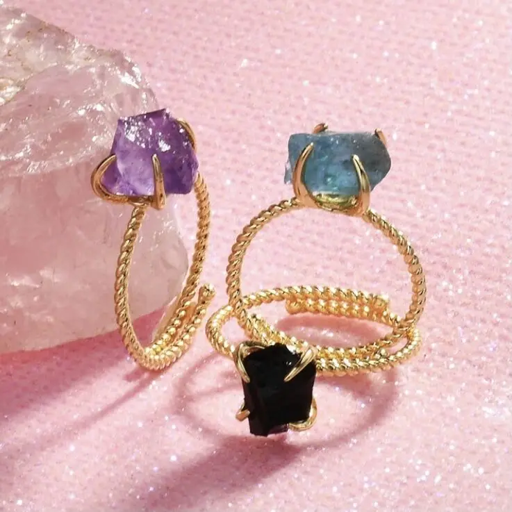 

BD-E2086 Handmade Gemstone Raw Stone Ring, Crystal Gold Silver plated Ring High Quality Adjustable Ring, Multicolor